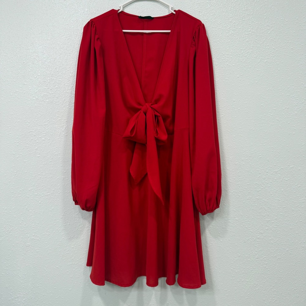 SHEIN CURVE Red Long Sleeve Front Tie V-Neck Mini Dress Plus Size 2XL